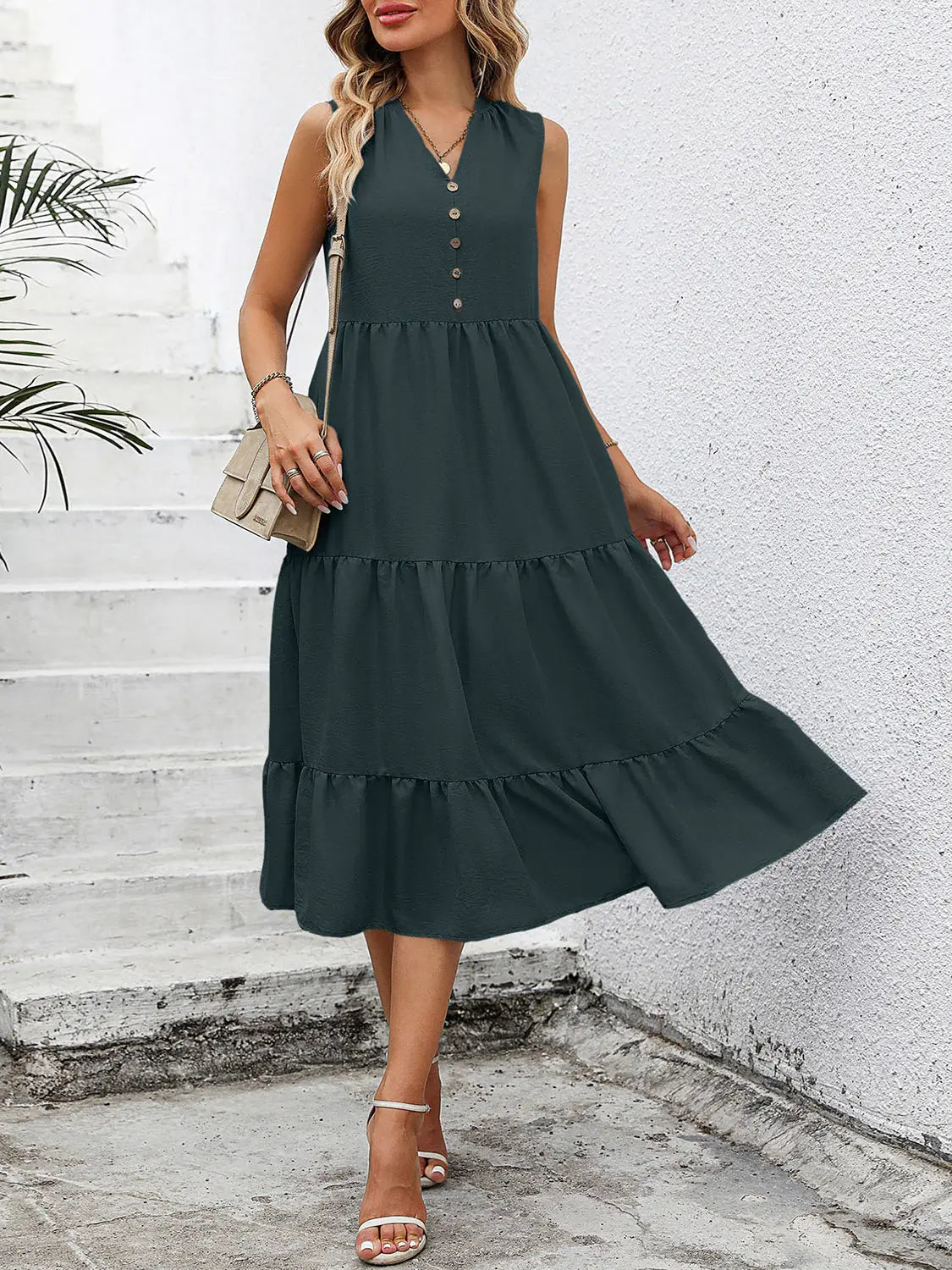 V-Neck Sleeveless Tiered Dress - Trendsi - Flyclothing LLC