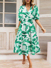 Ruched Printed Surplice Short Sleeve Dress - Trendsi