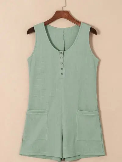 Waffle-Knit Half Button Sleeveless Romper with Pockets - Trendsi - Flyclothing LLC