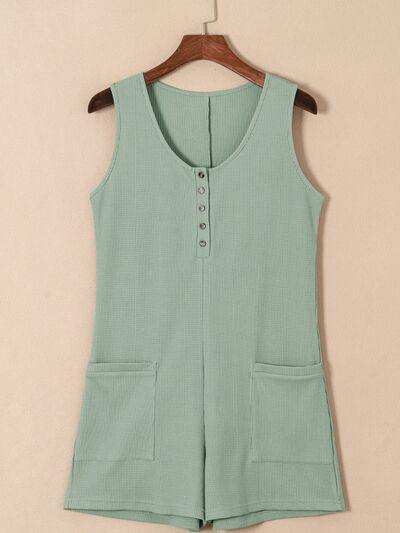 Waffle-Knit Half Button Sleeveless Romper with Pockets - Trendsi - Flyclothing LLC