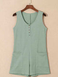 Waffle-Knit Half Button Sleeveless Romper with Pockets - Trendsi - Flyclothing LLC