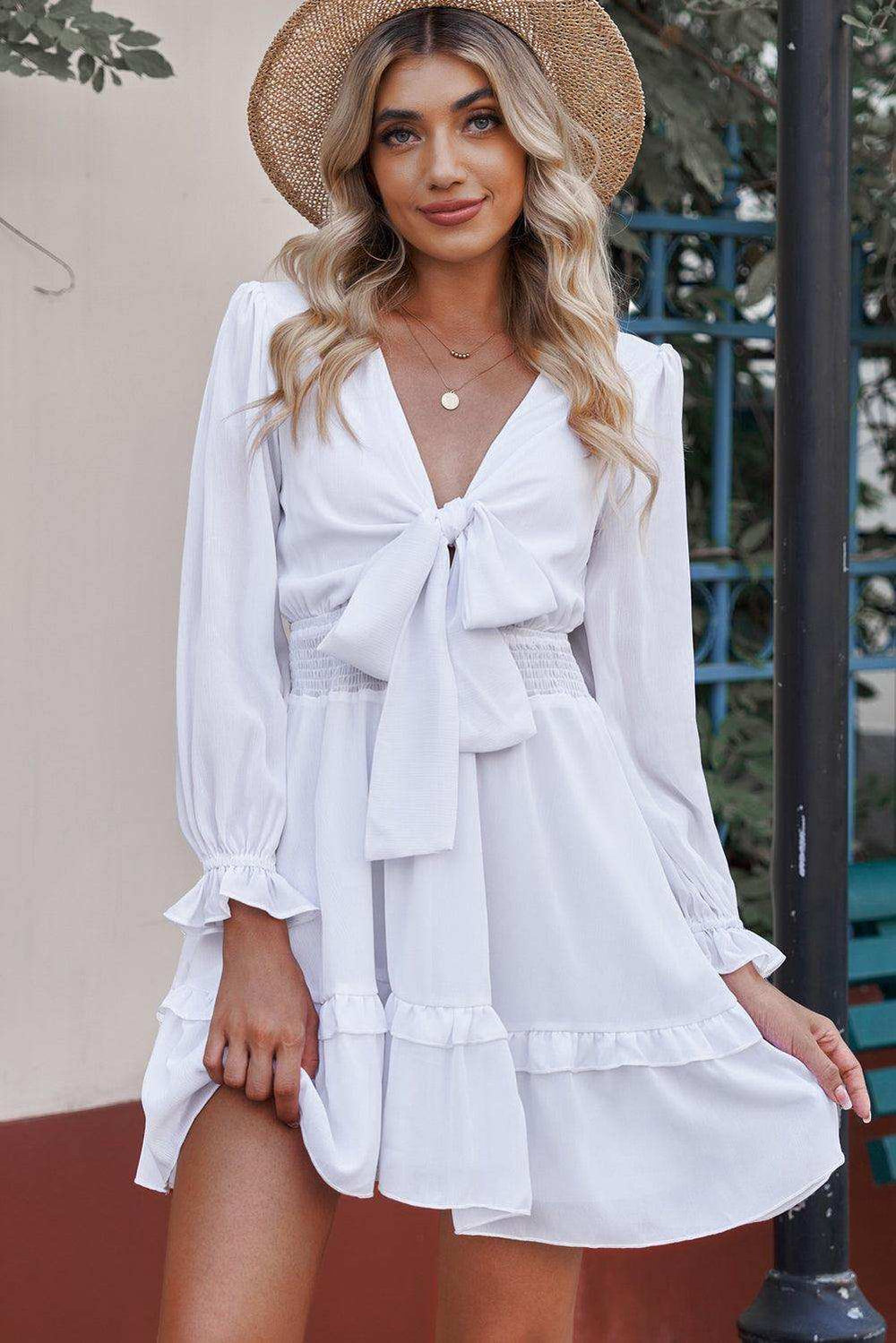 Tied Plunge Smocked Waist Flounce Sleeve Dress - Trendsi - Flyclothing LLC