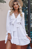 Tied Plunge Smocked Waist Flounce Sleeve Dress - Flyclothing LLC