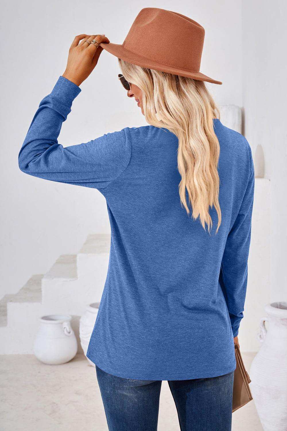 V-Neck Buttoned Long Sleeve Blouse - Trendsi - Flyclothing LLC