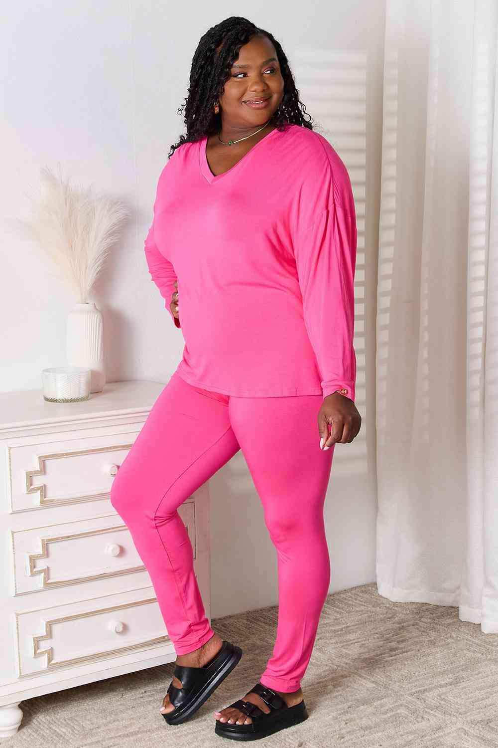 Basic Bae Full Size V-Neck Soft Rayon Long Sleeve Top and Pants Lounge Set - Trendsi - Flyclothing LLC