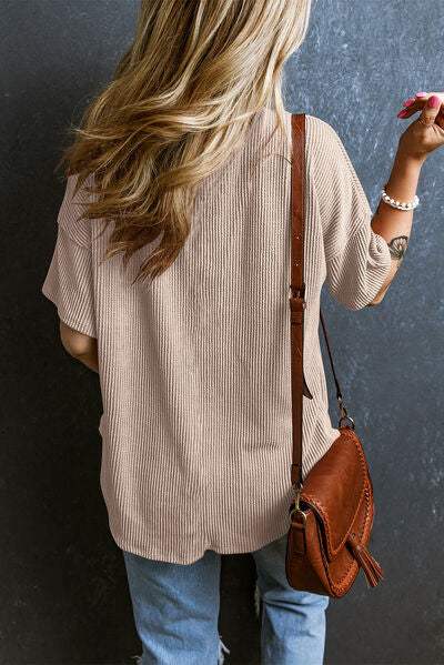 Textured V-Neck Dropped Shoulder T-Shirt - Trendsi - Flyclothing LLC