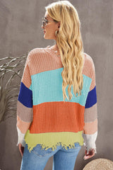 Color Block Distressed V-Neck Ribbed Sweater - Flyclothing LLC
