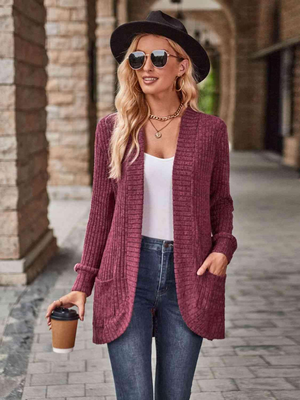 Open Front Cardigan with Pockets - Trendsi