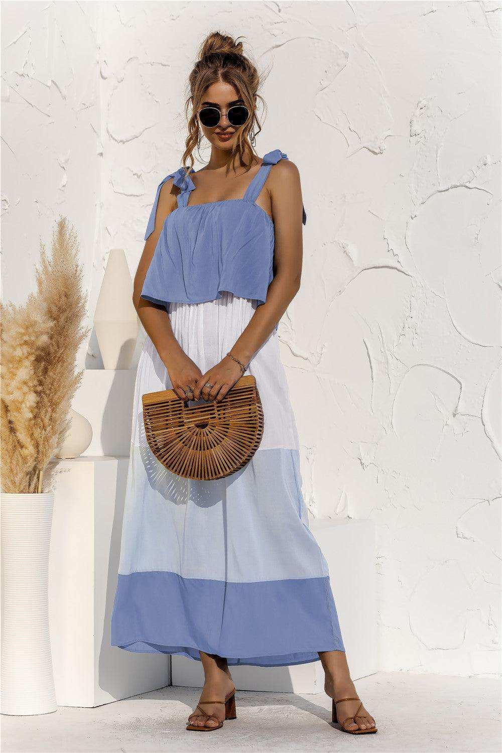 Color Block Tie Shoulder Tiered Sleeveless Dress - Trendsi - Flyclothing LLC