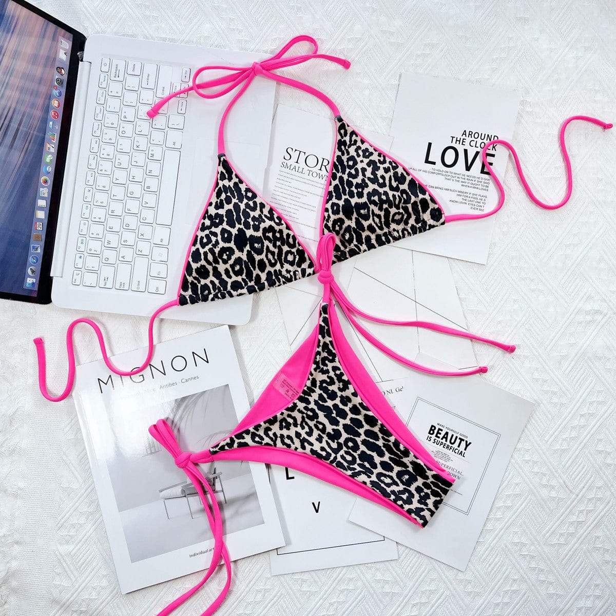 Leopard Print Halter Neck Tie Side Bikini Set - Trendsi - Flyclothing LLC