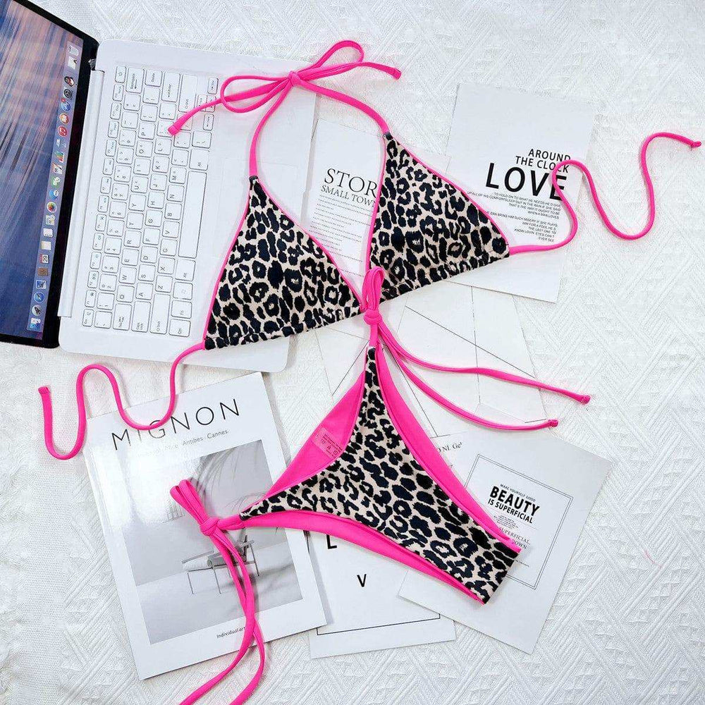 Leopard Print Halter Neck Tie Side Bikini Set - Trendsi - Flyclothing LLC