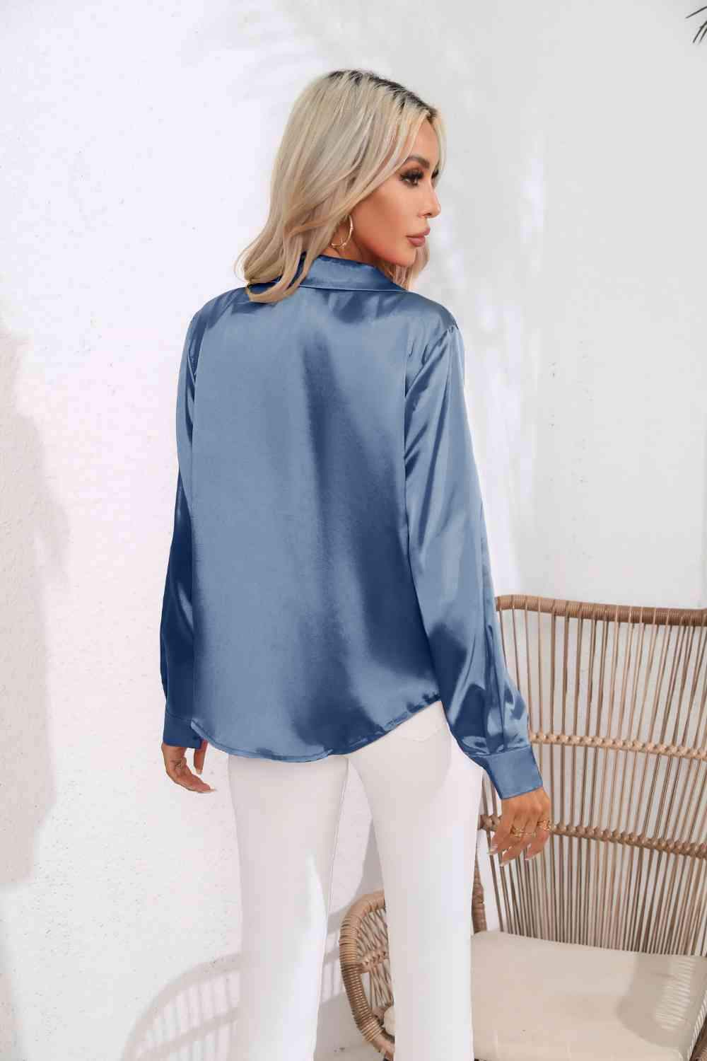 Lapel Collar Button Up Long Sleeve Shirt - Trendsi - Flyclothing LLC
