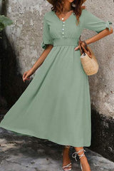 Smocked Quarter Button Short Sleeve Dress - Trendsi - Flyclothing LLC