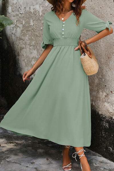 Smocked Quarter Button Short Sleeve Dress - Trendsi - Flyclothing LLC
