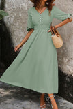 Smocked Quarter Button Short Sleeve Dress - Trendsi
