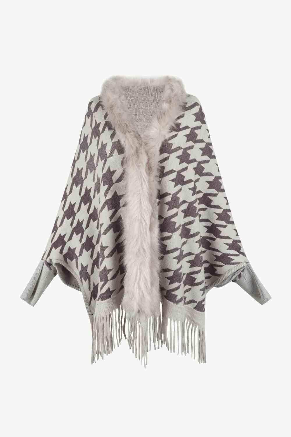 Houndstooth Fringe Hem Poncho - Trendsi - Flyclothing LLC