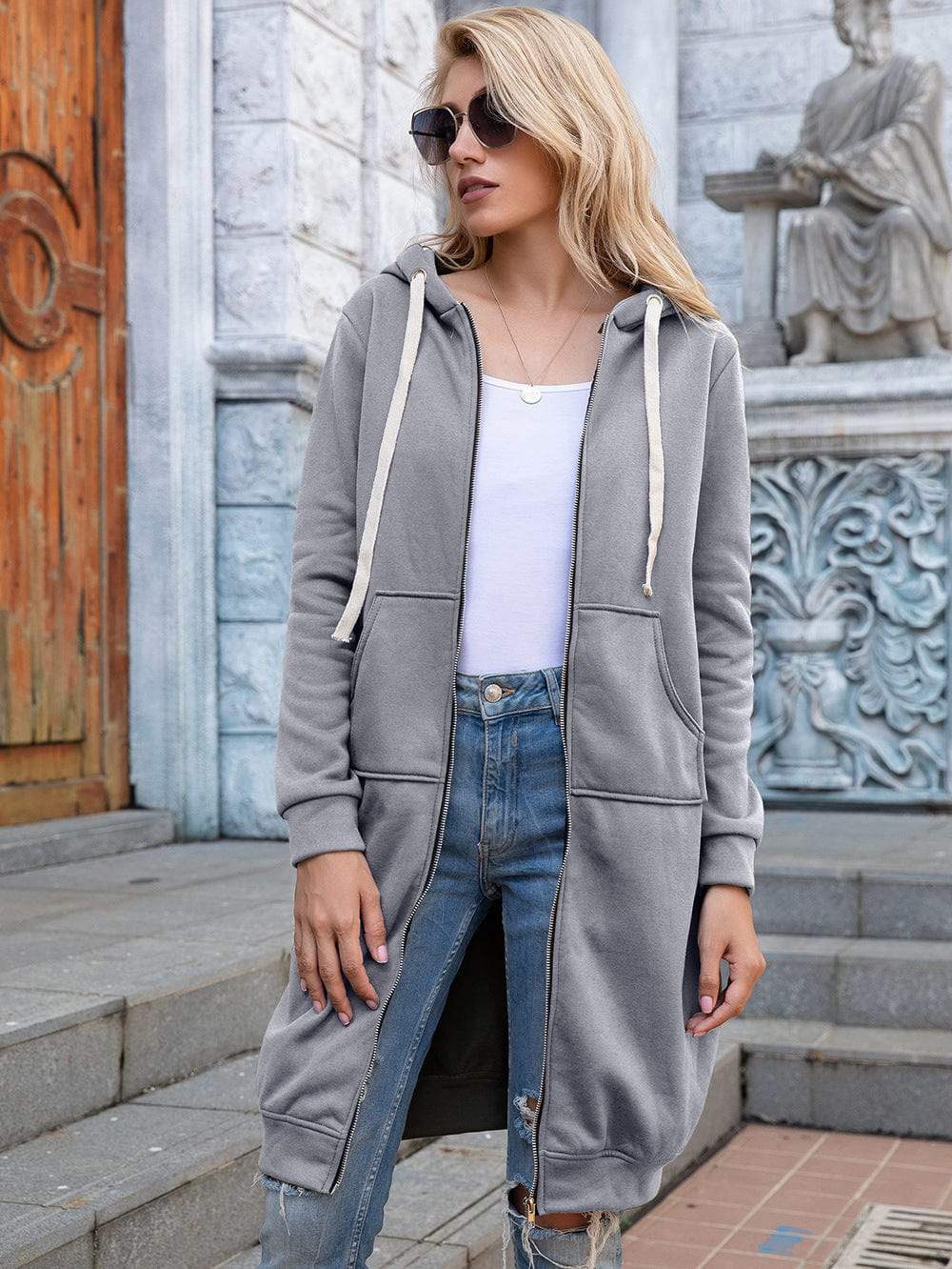 Full Size Zip-Up Longline Hoodie with Pockets - Trendsi - Flyclothing LLC