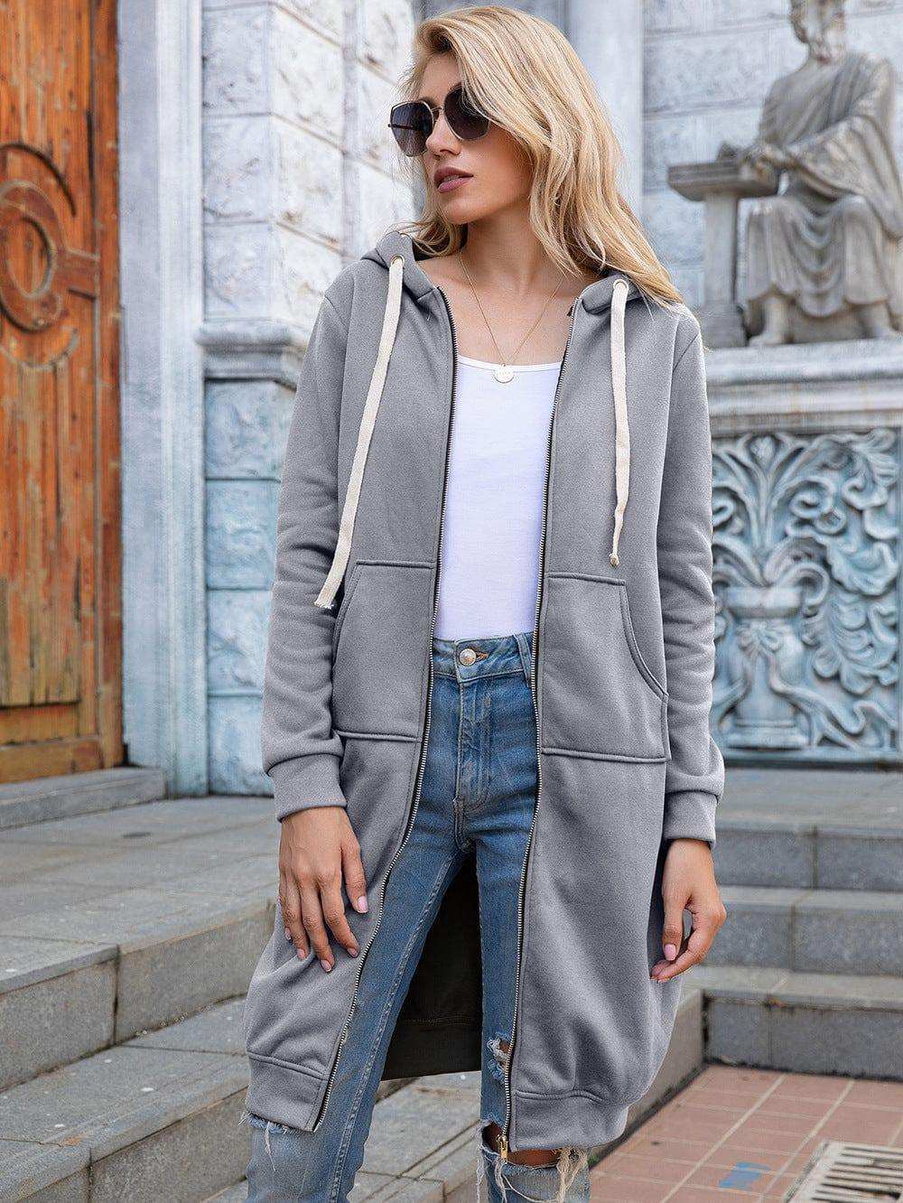 Full Size Zip-Up Longline Hoodie with Pockets - Trendsi - Flyclothing LLC