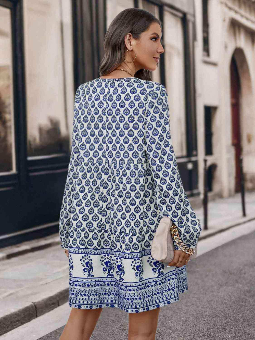 Printed Tie Neck Long Sleeve Dress - Trendsi - Flyclothing LLC