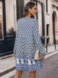 Printed Tie Neck Long Sleeve Dress - Trendsi - Flyclothing LLC