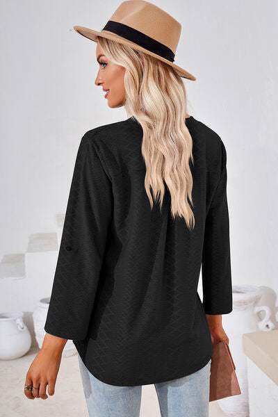 Notched Roll-Tab Sleeve T-Shirt - Trendsi - Flyclothing LLC