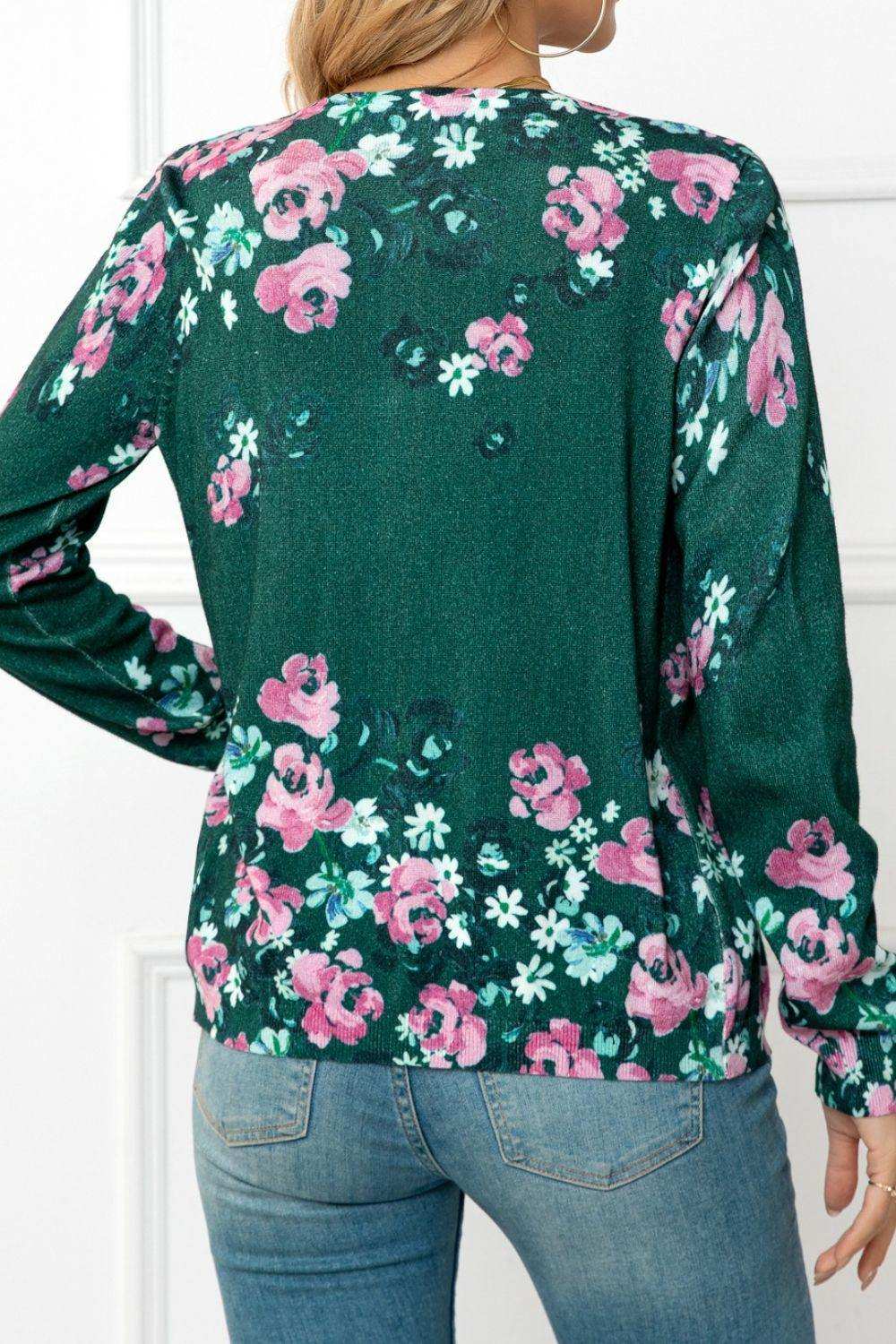 Floral Button Front Round Neck Cardigan - Trendsi - Flyclothing LLC