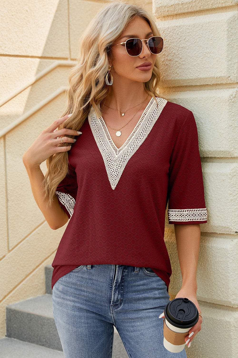 V-Neck Half Sleeve T-Shirt - Trendsi - Flyclothing LLC