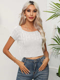 Cable-Knit Round Neck Short Sleeve Knit Top - Trendsi - Flyclothing LLC