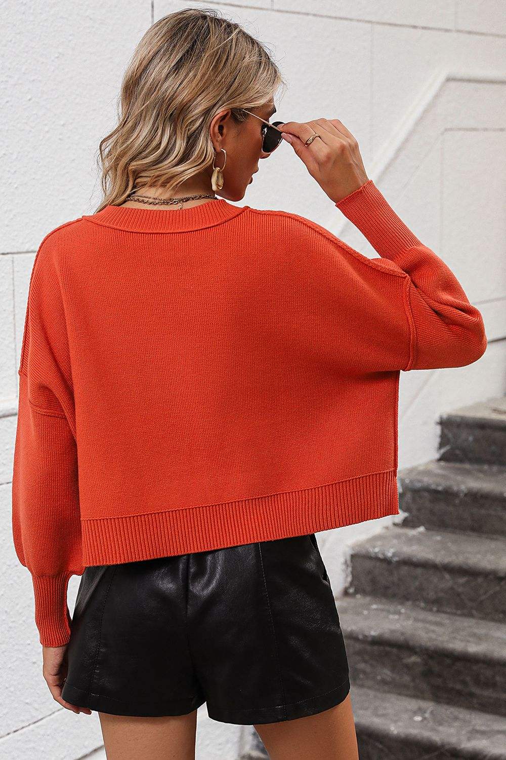 Round Neck Dropped Shoulder Pullover Sweater - Trendsi - Flyclothing LLC