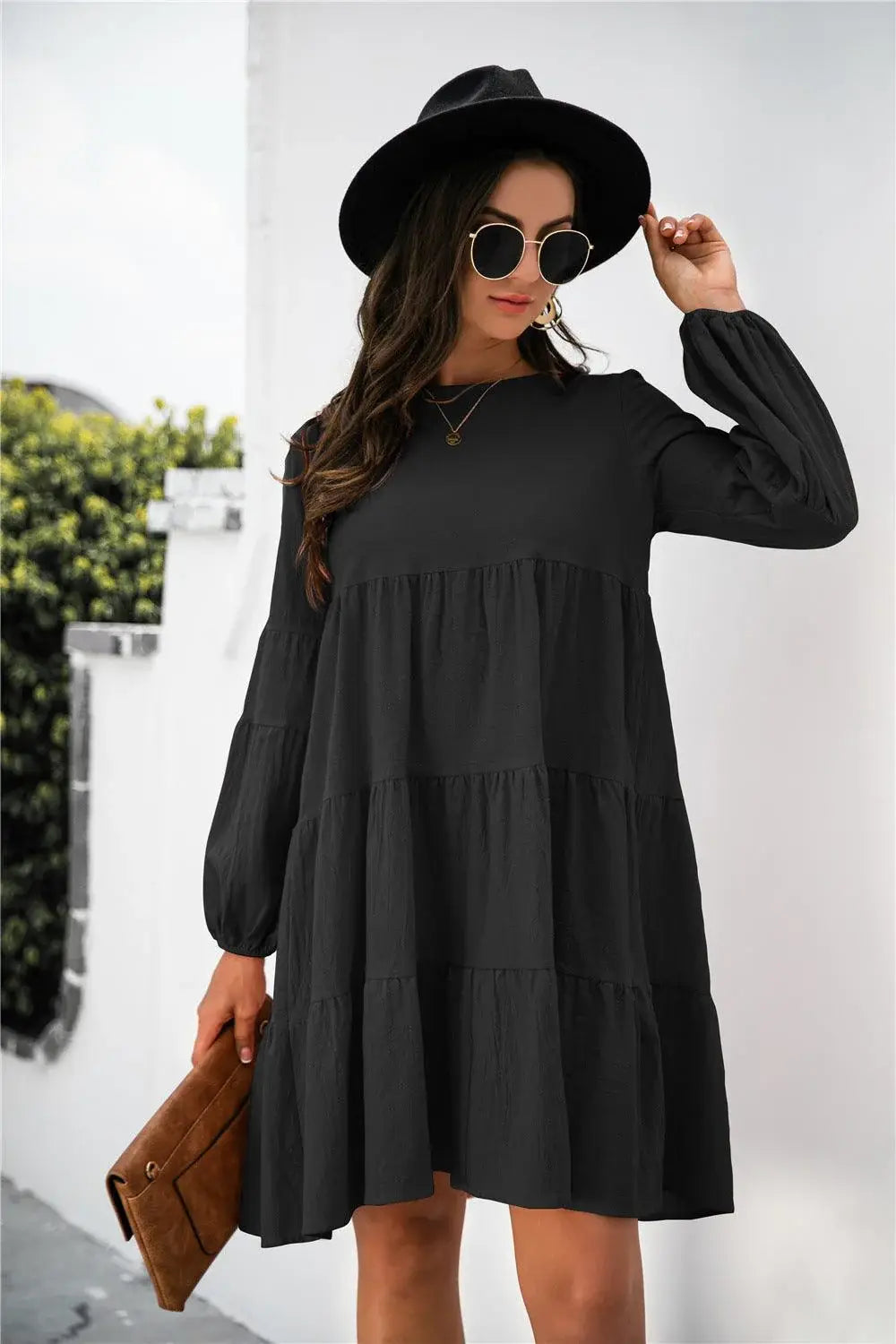 Balloon Sleeve Keyhole Tiered Dress - Trendsi - Flyclothing LLC