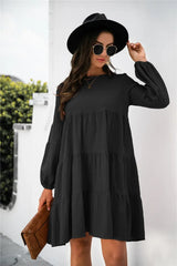 Balloon Sleeve Keyhole Tiered Dress - Trendsi - Flyclothing LLC