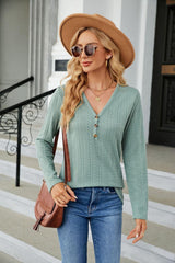 Cable-Knit Long Sleeve V-Neck T-Shirt - Trendsi