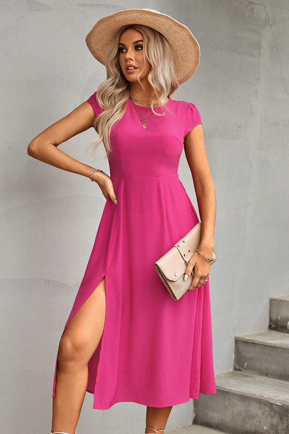 Tie Back Cutout Round Neck Split Dress - Trendsi - Flyclothing LLC