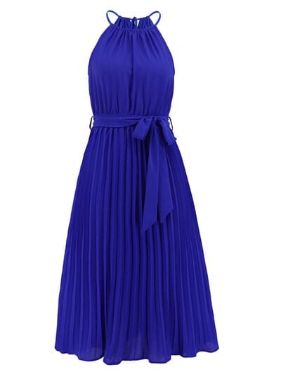 Pleated Spaghetti Strap Tie Waist Midi Dress - Trendsi