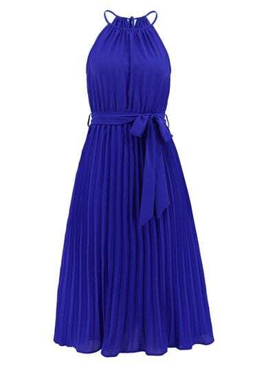 Pleated Spaghetti Strap Tie Waist Midi Dress - Trendsi - Flyclothing LLC