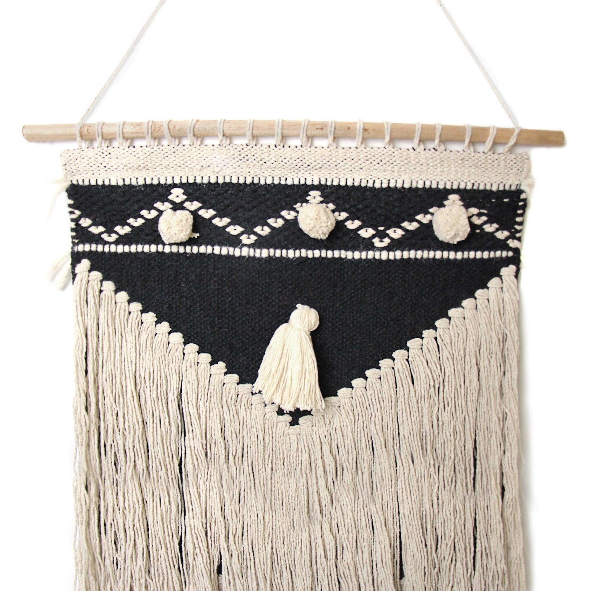 Handwoven Boho Wall Hanging, Charcoal & Cream - Asha Handicrafts
