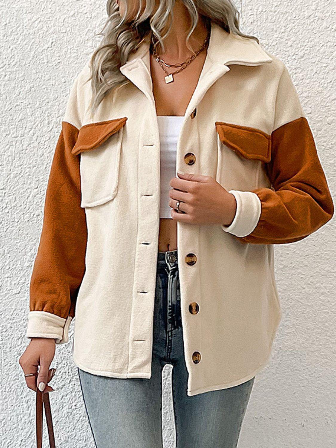 Contrast Button-Up Fleece Jacket - Trendsi