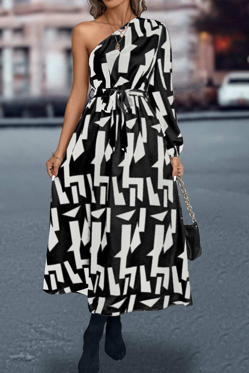 Printed One-Shoulder Tie Waist Dress - Trendsi - Flyclothing LLC