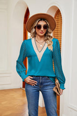 Contrast V-Neck Long Sleeve Blouse - Trendsi