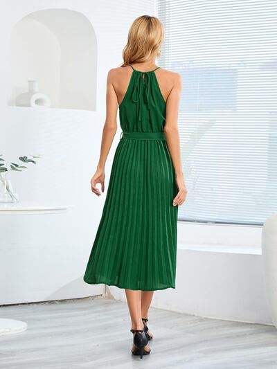 Pleated Spaghetti Strap Tie Waist Midi Dress - Trendsi - Flyclothing LLC