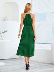 Pleated Spaghetti Strap Tie Waist Midi Dress - Trendsi
