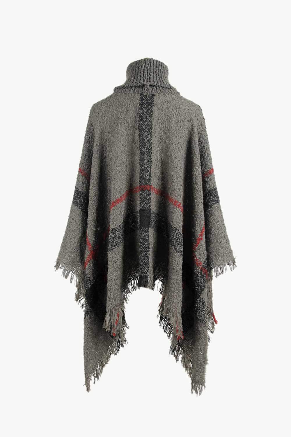 Plaid Turtleneck Raw Hem Poncho - Trendsi - Flyclothing LLC