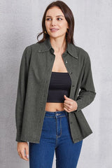 Collared Neck Button Up Denim Top - Trendsi