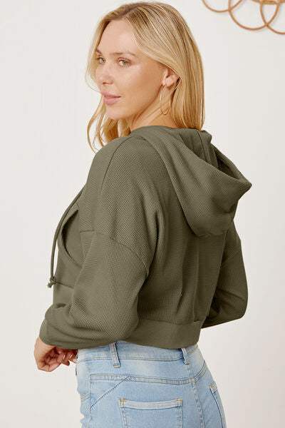 Waffle-Knit Drawstring Zip Up Hoodie - Trendsi - Flyclothing LLC