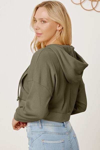 Waffle-Knit Drawstring Zip Up Hoodie - Trendsi - Flyclothing LLC