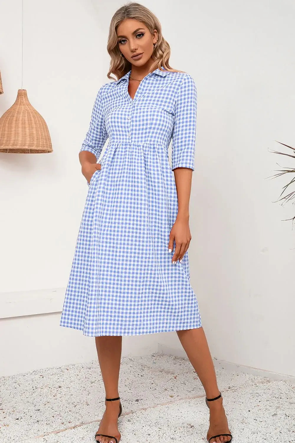 Plaid Collared Neck Midi Dress - Trendsi - Flyclothing LLC