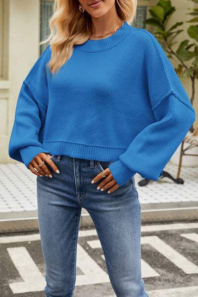Round Neck Dropped Shoulder Sweater - Trendsi - Flyclothing LLC