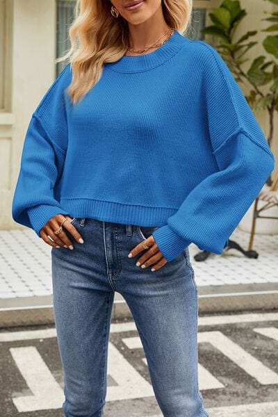Round Neck Dropped Shoulder Sweater - Trendsi - Flyclothing LLC