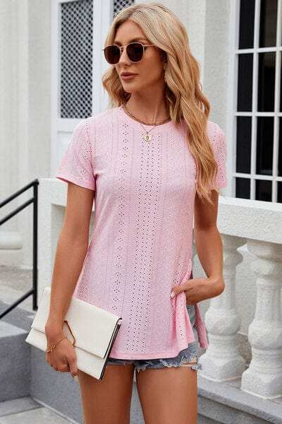 Eyelet Slit Round Neck Short Sleeve T-Shirt - Trendsi - Flyclothing LLC
