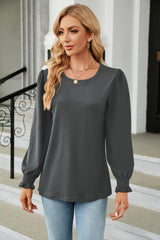 Round Neck Smocked Flounce Sleeve Blouse - Trendsi